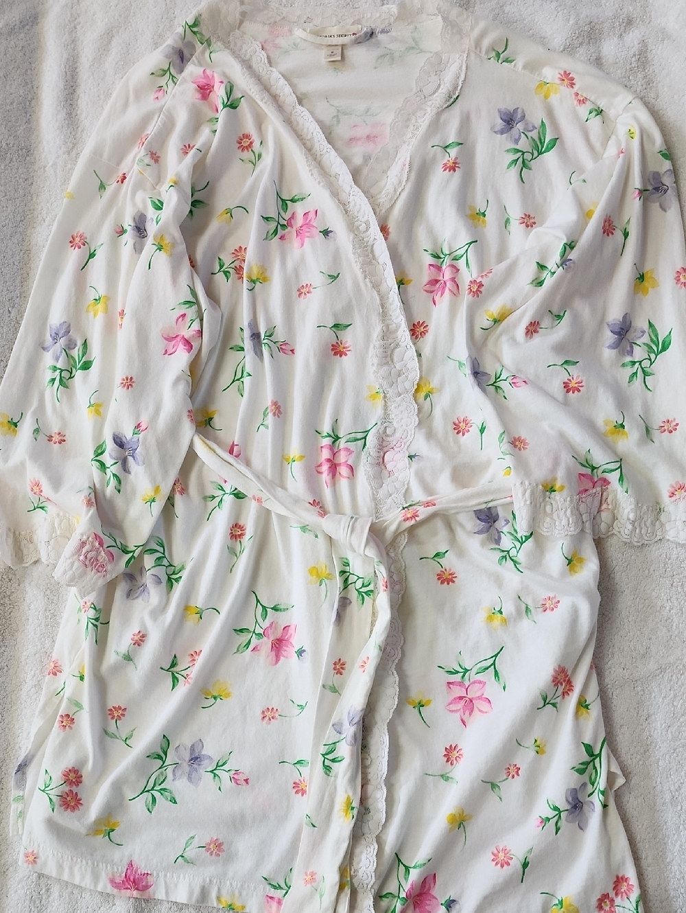 Victoria's Secret White Floral Cotton Knit Lace-Trim Robe Size M Preowned
